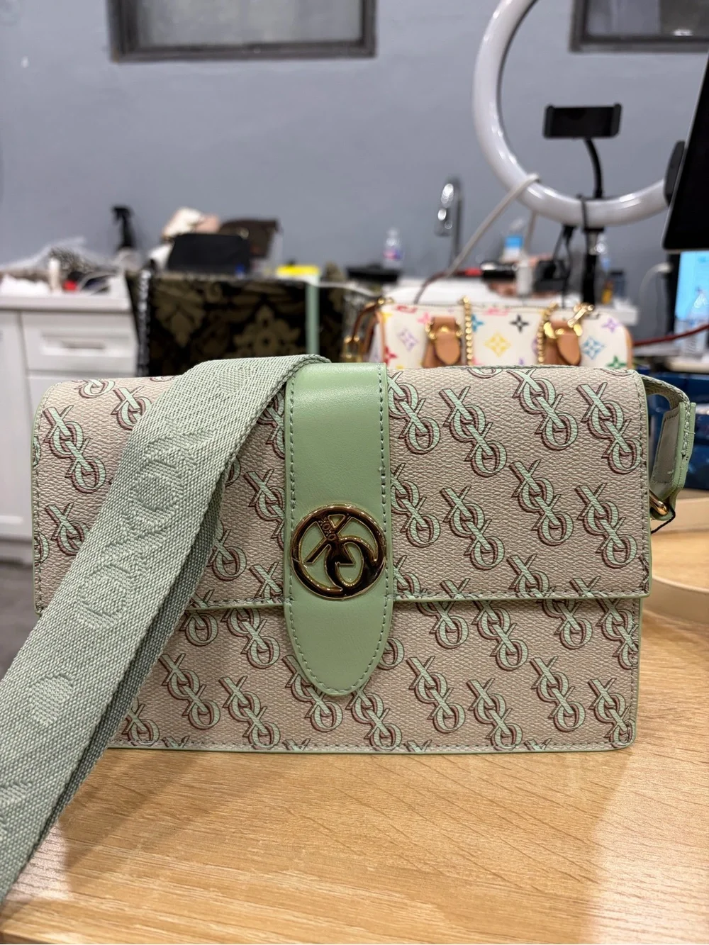 Green XOXO Monogram Crossbody Bag with Gold Accent NWT